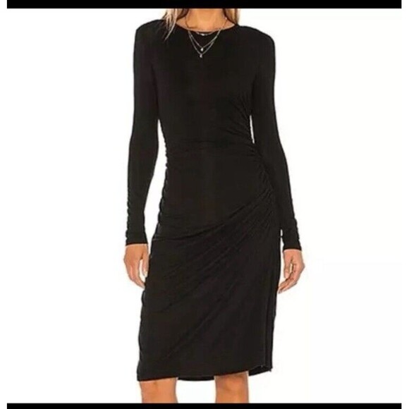 Theory Long Sleeve Round Neck Gathered Ruched Sides Black Jersey Dress Sz M - Picture 1 of 11